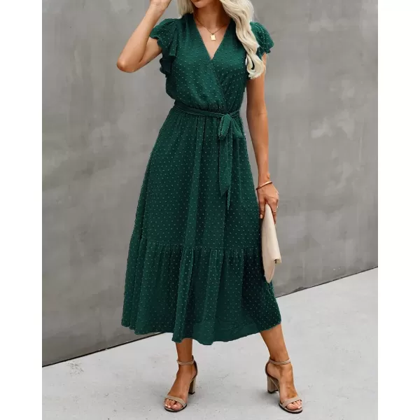 imageBTFBM Women Summer Bohemian Floral Casual Wrap V Neck Ruffle Cap Sleeveless Belt ALine Pleated Hem Swing Midi Sun DressSwiss Dot Dark Green