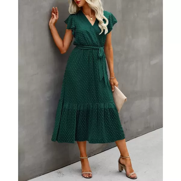 imageBTFBM Women Summer Bohemian Floral Casual Wrap V Neck Ruffle Cap Sleeveless Belt ALine Pleated Hem Swing Midi Sun DressSwiss Dot Dark Green