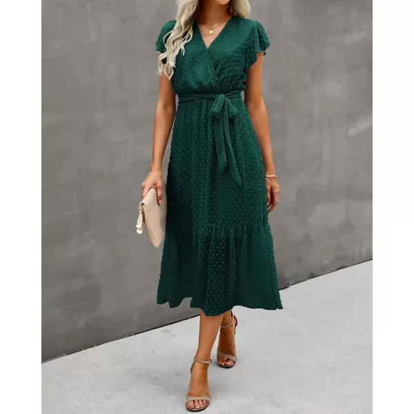 imageBTFBM Women Summer Bohemian Floral Casual Wrap V Neck Ruffle Cap Sleeveless Belt ALine Pleated Hem Swing Midi Sun DressSwiss Dot Dark Green