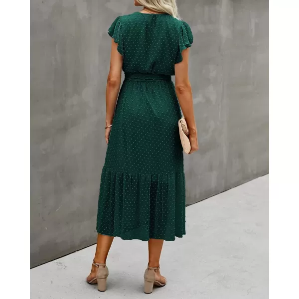 imageBTFBM Women Summer Bohemian Floral Casual Wrap V Neck Ruffle Cap Sleeveless Belt ALine Pleated Hem Swing Midi Sun DressSwiss Dot Dark Green