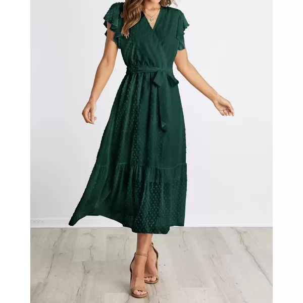 imageBTFBM Women Summer Bohemian Floral Casual Wrap V Neck Ruffle Cap Sleeveless Belt ALine Pleated Hem Swing Midi Sun DressSwiss Dot Dark Green