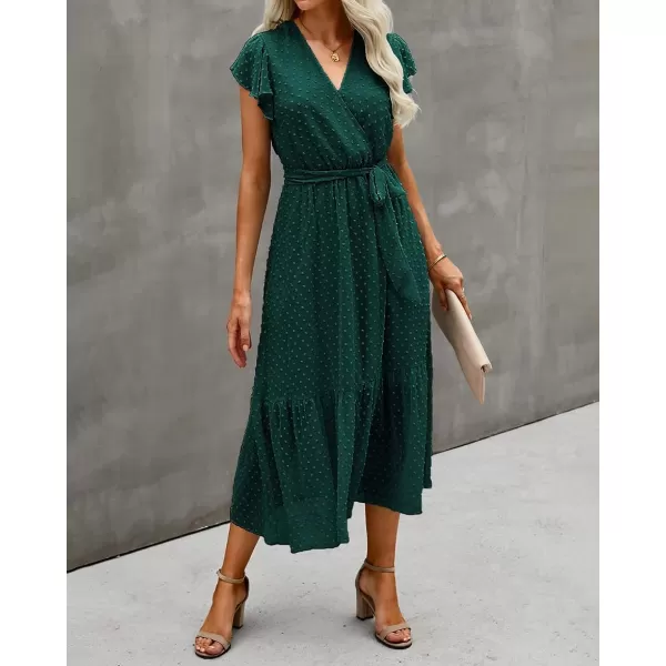 imageBTFBM Women Summer Bohemian Floral Casual Wrap V Neck Ruffle Cap Sleeveless Belt ALine Pleated Hem Swing Midi Sun DressSwiss Dot Dark Green
