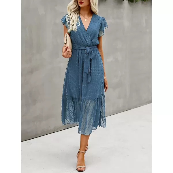 imageBTFBM Women Summer Bohemian Floral Casual Wrap V Neck Ruffle Cap Sleeveless Belt ALine Pleated Hem Swing Midi Sun DressSwiss Dot Grey Blue