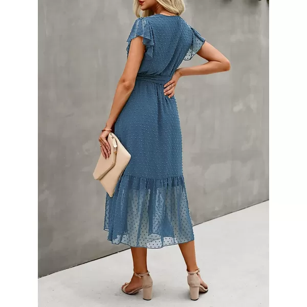 imageBTFBM Women Summer Bohemian Floral Casual Wrap V Neck Ruffle Cap Sleeveless Belt ALine Pleated Hem Swing Midi Sun DressSwiss Dot Grey Blue