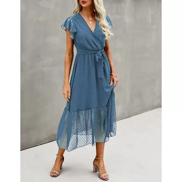 imageBTFBM Women Summer Bohemian Floral Casual Wrap V Neck Ruffle Cap Sleeveless Belt ALine Pleated Hem Swing Midi Sun DressSwiss Dot Grey Blue