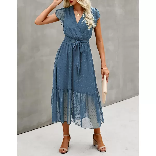 imageBTFBM Women Summer Bohemian Floral Casual Wrap V Neck Ruffle Cap Sleeveless Belt ALine Pleated Hem Swing Midi Sun DressSwiss Dot Grey Blue