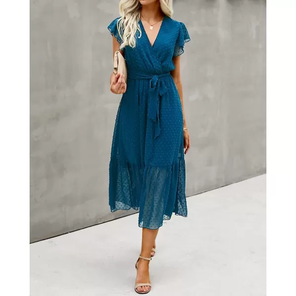 imageBTFBM Women Summer Bohemian Floral Casual Wrap V Neck Ruffle Cap Sleeveless Belt ALine Pleated Hem Swing Midi Sun DressSwiss Dot Lake Blue