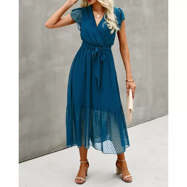 imageBTFBM Women Summer Bohemian Floral Casual Wrap V Neck Ruffle Cap Sleeveless Belt ALine Pleated Hem Swing Midi Sun DressSwiss Dot Lake Blue