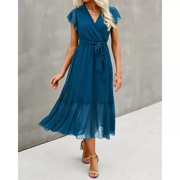 imageBTFBM Women Summer Bohemian Floral Casual Wrap V Neck Ruffle Cap Sleeveless Belt ALine Pleated Hem Swing Midi Sun DressSwiss Dot Lake Blue