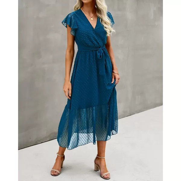 imageBTFBM Women Summer Bohemian Floral Casual Wrap V Neck Ruffle Cap Sleeveless Belt ALine Pleated Hem Swing Midi Sun DressSwiss Dot Lake Blue