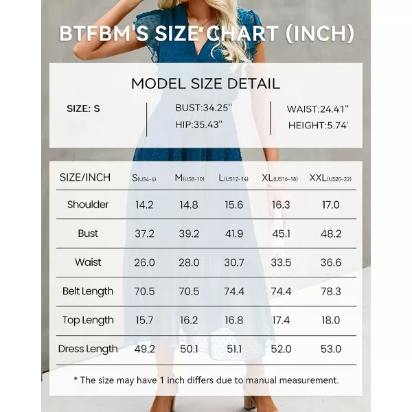 imageBTFBM Women Summer Bohemian Floral Casual Wrap V Neck Ruffle Cap Sleeveless Belt ALine Pleated Hem Swing Midi Sun DressSwiss Dot Lake Blue