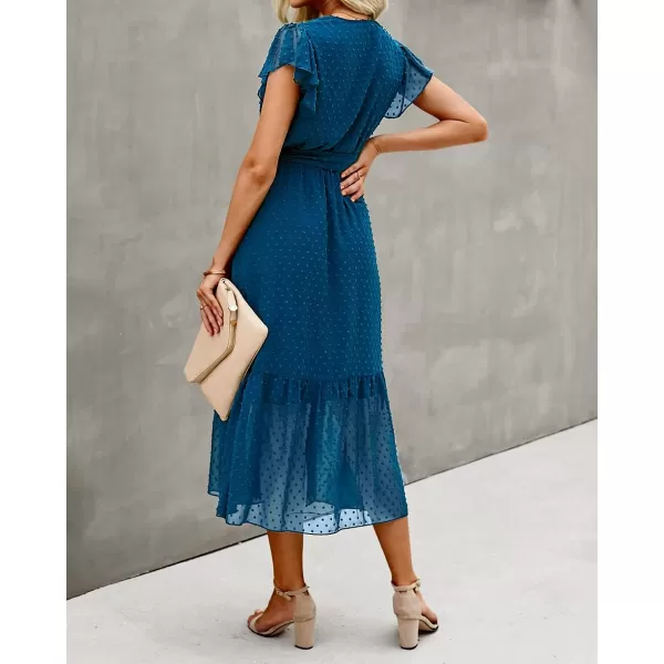 imageBTFBM Women Summer Bohemian Floral Casual Wrap V Neck Ruffle Cap Sleeveless Belt ALine Pleated Hem Swing Midi Sun DressSwiss Dot Lake Blue