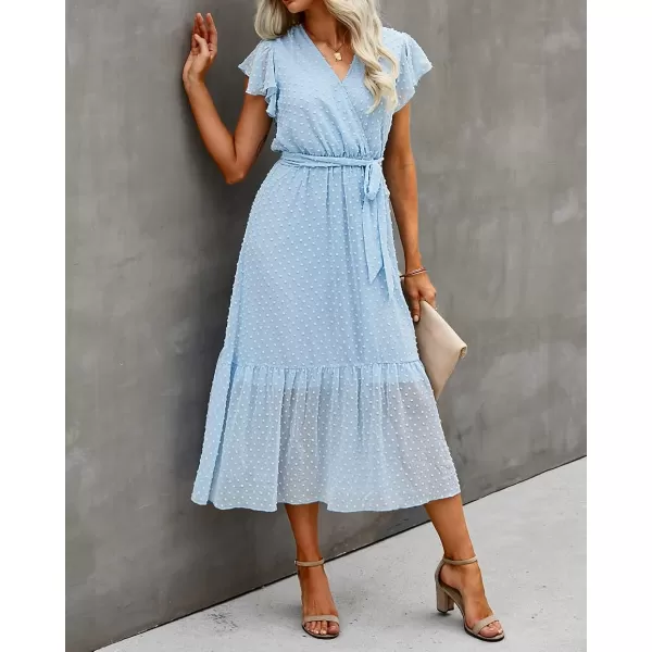 imageBTFBM Women Summer Bohemian Floral Casual Wrap V Neck Ruffle Cap Sleeveless Belt ALine Pleated Hem Swing Midi Sun DressSwiss Dot Light Blue