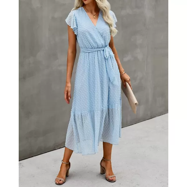 imageBTFBM Women Summer Bohemian Floral Casual Wrap V Neck Ruffle Cap Sleeveless Belt ALine Pleated Hem Swing Midi Sun DressSwiss Dot Light Blue