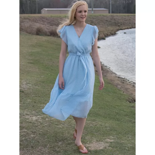 imageBTFBM Women Summer Bohemian Floral Casual Wrap V Neck Ruffle Cap Sleeveless Belt ALine Pleated Hem Swing Midi Sun DressSwiss Dot Light Blue
