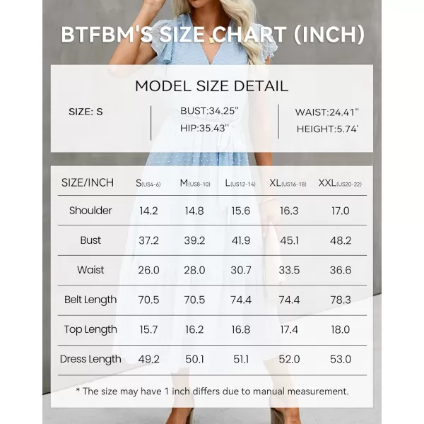 imageBTFBM Women Summer Bohemian Floral Casual Wrap V Neck Ruffle Cap Sleeveless Belt ALine Pleated Hem Swing Midi Sun DressSwiss Dot Light Blue