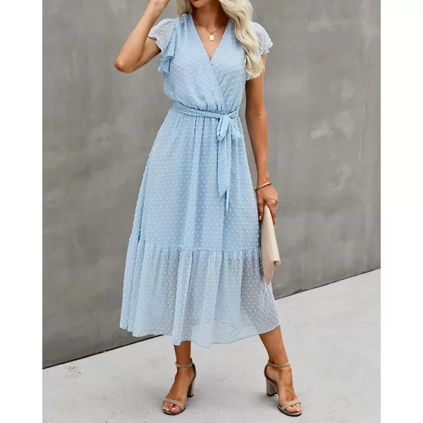 imageBTFBM Women Summer Bohemian Floral Casual Wrap V Neck Ruffle Cap Sleeveless Belt ALine Pleated Hem Swing Midi Sun DressSwiss Dot Light Blue