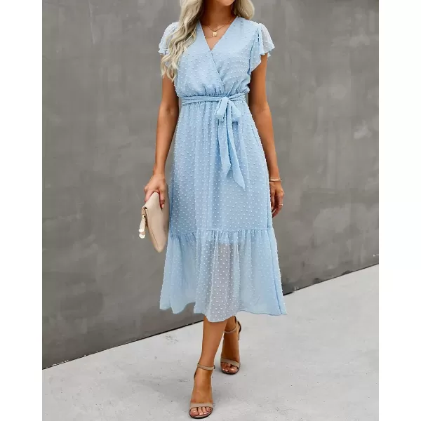 imageBTFBM Women Summer Bohemian Floral Casual Wrap V Neck Ruffle Cap Sleeveless Belt ALine Pleated Hem Swing Midi Sun DressSwiss Dot Light Blue