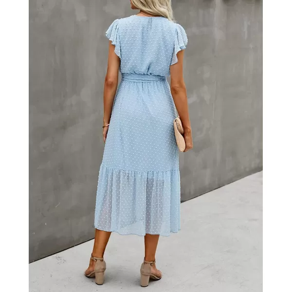 imageBTFBM Women Summer Bohemian Floral Casual Wrap V Neck Ruffle Cap Sleeveless Belt ALine Pleated Hem Swing Midi Sun DressSwiss Dot Light Blue