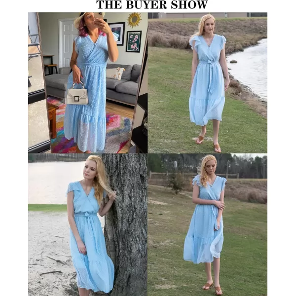 imageBTFBM Women Summer Bohemian Floral Casual Wrap V Neck Ruffle Cap Sleeveless Belt ALine Pleated Hem Swing Midi Sun DressSwiss Dot Light Blue