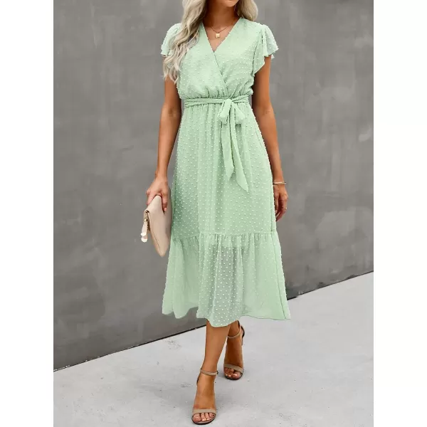 imageBTFBM Women Summer Bohemian Floral Casual Wrap V Neck Ruffle Cap Sleeveless Belt ALine Pleated Hem Swing Midi Sun DressSwiss Dot Light Green