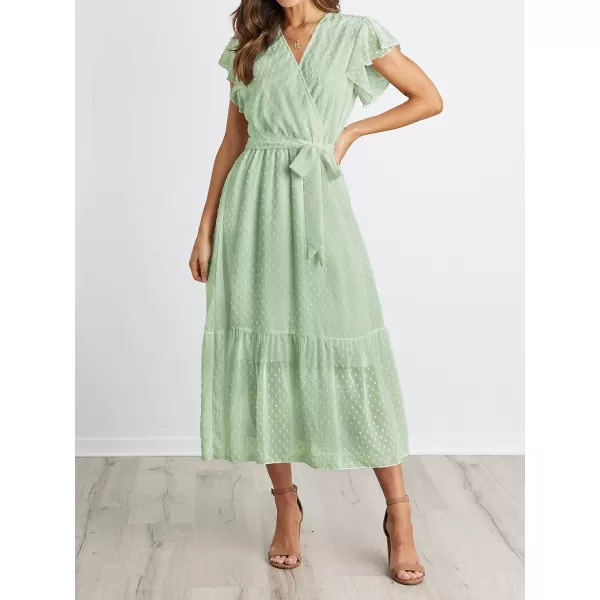 imageBTFBM Women Summer Bohemian Floral Casual Wrap V Neck Ruffle Cap Sleeveless Belt ALine Pleated Hem Swing Midi Sun DressSwiss Dot Light Green