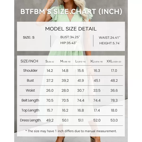 imageBTFBM Women Summer Bohemian Floral Casual Wrap V Neck Ruffle Cap Sleeveless Belt ALine Pleated Hem Swing Midi Sun DressSwiss Dot Light Green