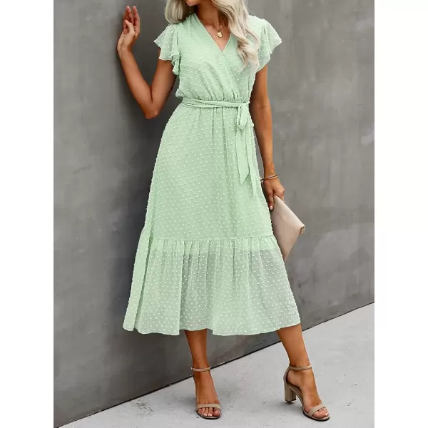 imageBTFBM Women Summer Bohemian Floral Casual Wrap V Neck Ruffle Cap Sleeveless Belt ALine Pleated Hem Swing Midi Sun DressSwiss Dot Light Green