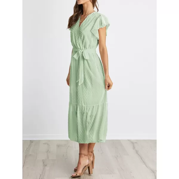 imageBTFBM Women Summer Bohemian Floral Casual Wrap V Neck Ruffle Cap Sleeveless Belt ALine Pleated Hem Swing Midi Sun DressSwiss Dot Light Green