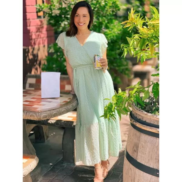 imageBTFBM Women Summer Bohemian Floral Casual Wrap V Neck Ruffle Cap Sleeveless Belt ALine Pleated Hem Swing Midi Sun DressSwiss Dot Light Green