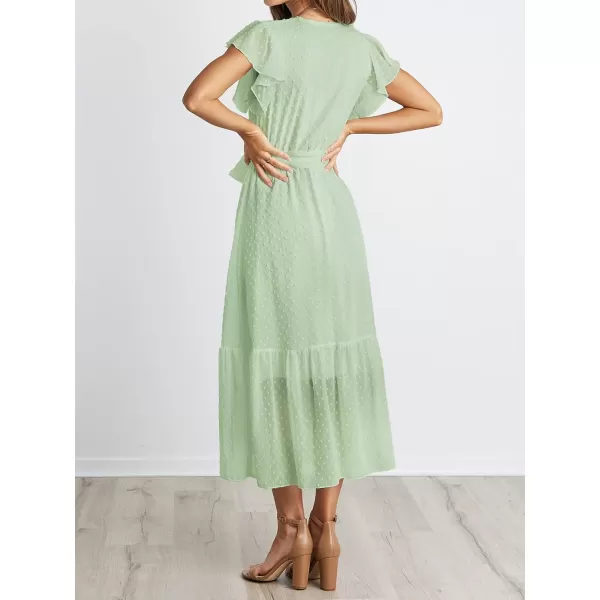 imageBTFBM Women Summer Bohemian Floral Casual Wrap V Neck Ruffle Cap Sleeveless Belt ALine Pleated Hem Swing Midi Sun DressSwiss Dot Light Green