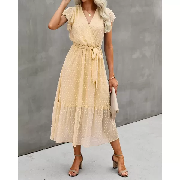 imageBTFBM Women Summer Bohemian Floral Casual Wrap V Neck Ruffle Cap Sleeveless Belt ALine Pleated Hem Swing Midi Sun DressSwiss Dot Light Yellow
