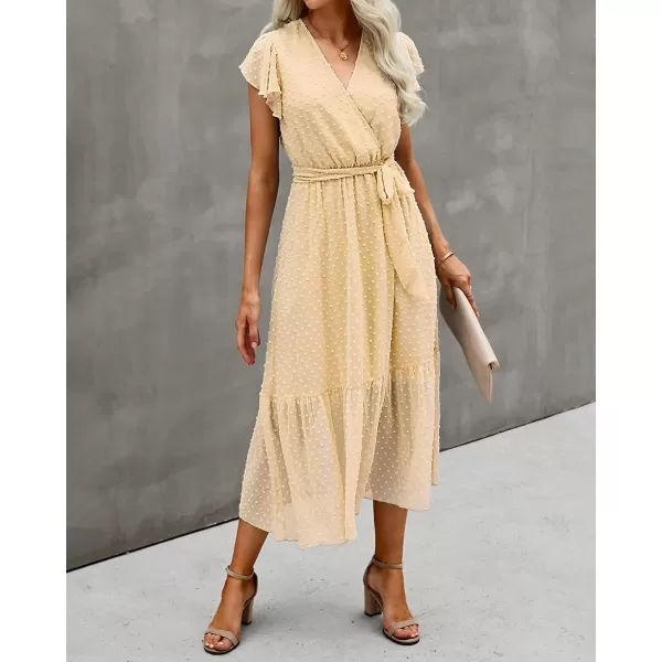 imageBTFBM Women Summer Bohemian Floral Casual Wrap V Neck Ruffle Cap Sleeveless Belt ALine Pleated Hem Swing Midi Sun DressSwiss Dot Light Yellow