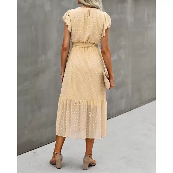 imageBTFBM Women Summer Bohemian Floral Casual Wrap V Neck Ruffle Cap Sleeveless Belt ALine Pleated Hem Swing Midi Sun DressSwiss Dot Light Yellow