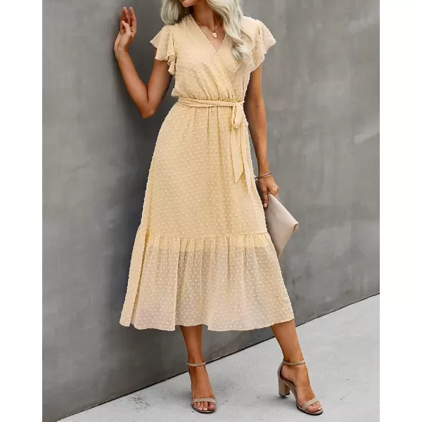 imageBTFBM Women Summer Bohemian Floral Casual Wrap V Neck Ruffle Cap Sleeveless Belt ALine Pleated Hem Swing Midi Sun DressSwiss Dot Light Yellow