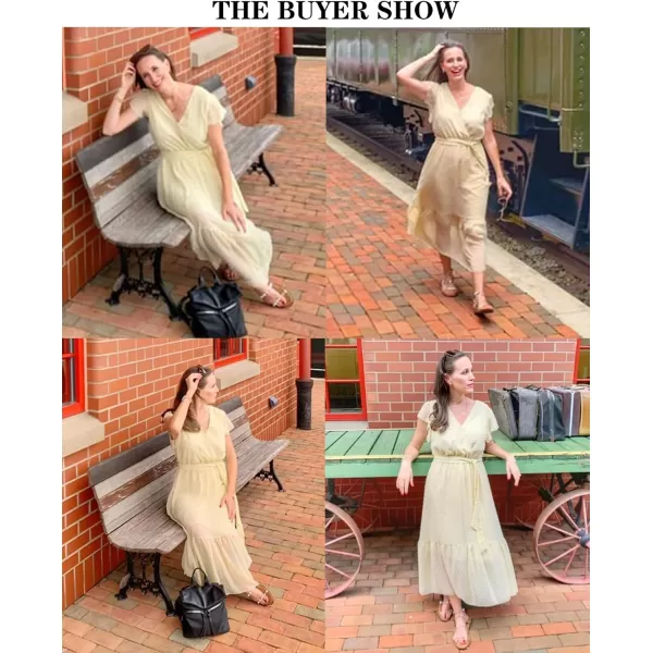 imageBTFBM Women Summer Bohemian Floral Casual Wrap V Neck Ruffle Cap Sleeveless Belt ALine Pleated Hem Swing Midi Sun DressSwiss Dot Light Yellow