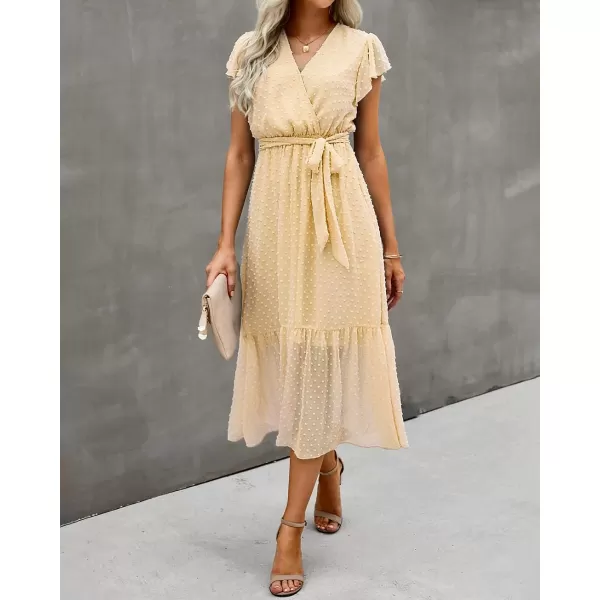 imageBTFBM Women Summer Bohemian Floral Casual Wrap V Neck Ruffle Cap Sleeveless Belt ALine Pleated Hem Swing Midi Sun DressSwiss Dot Light Yellow