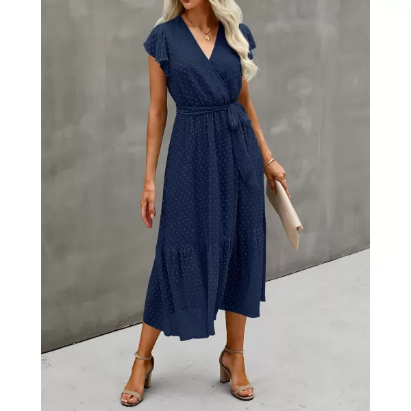 imageBTFBM Women Summer Bohemian Floral Casual Wrap V Neck Ruffle Cap Sleeveless Belt ALine Pleated Hem Swing Midi Sun DressSwiss Dot Navy