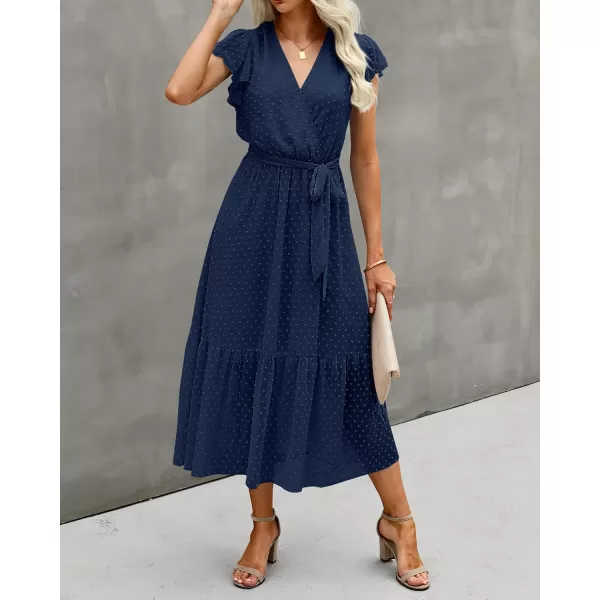 imageBTFBM Women Summer Bohemian Floral Casual Wrap V Neck Ruffle Cap Sleeveless Belt ALine Pleated Hem Swing Midi Sun DressSwiss Dot Navy