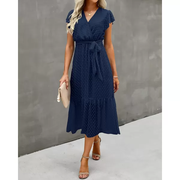 imageBTFBM Women Summer Bohemian Floral Casual Wrap V Neck Ruffle Cap Sleeveless Belt ALine Pleated Hem Swing Midi Sun DressSwiss Dot Navy