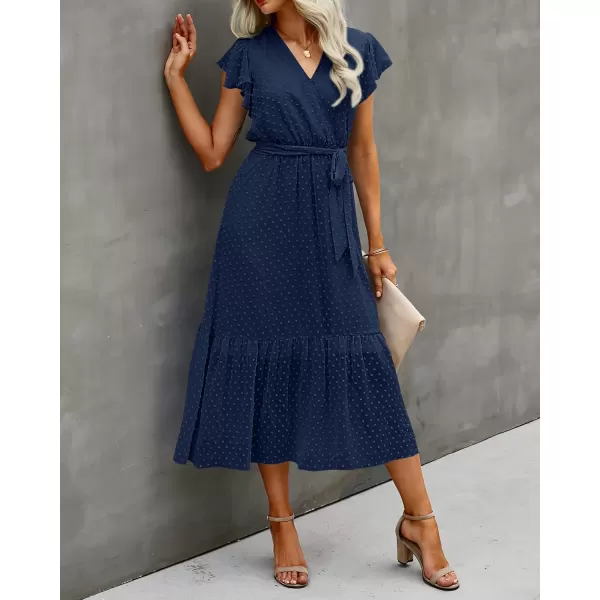 imageBTFBM Women Summer Bohemian Floral Casual Wrap V Neck Ruffle Cap Sleeveless Belt ALine Pleated Hem Swing Midi Sun DressSwiss Dot Navy