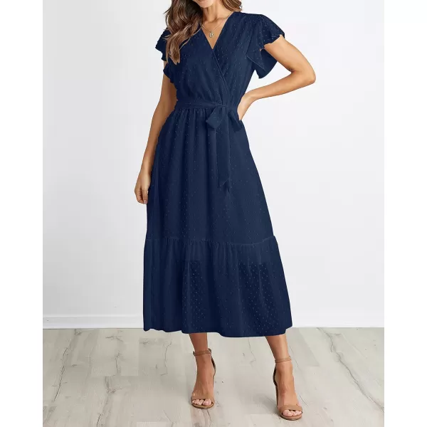 imageBTFBM Women Summer Bohemian Floral Casual Wrap V Neck Ruffle Cap Sleeveless Belt ALine Pleated Hem Swing Midi Sun DressSwiss Dot Navy