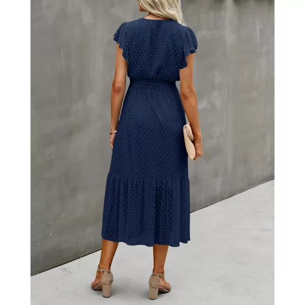 imageBTFBM Women Summer Bohemian Floral Casual Wrap V Neck Ruffle Cap Sleeveless Belt ALine Pleated Hem Swing Midi Sun DressSwiss Dot Navy