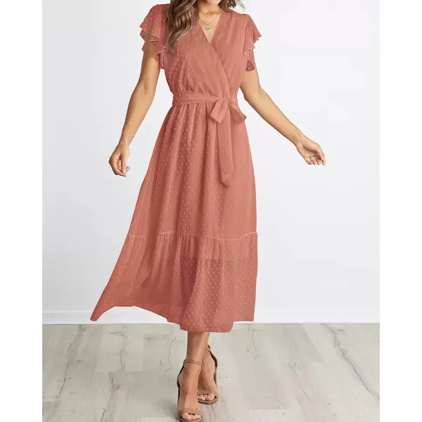 imageBTFBM Women Summer Bohemian Floral Casual Wrap V Neck Ruffle Cap Sleeveless Belt ALine Pleated Hem Swing Midi Sun DressSwiss Dot Orange