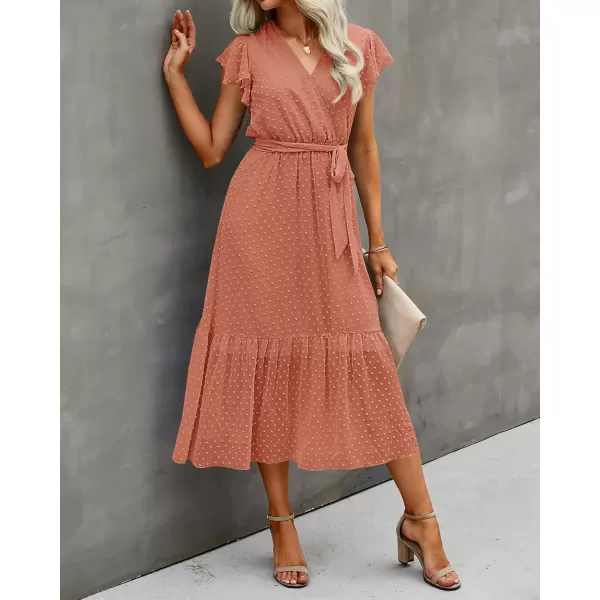 imageBTFBM Women Summer Bohemian Floral Casual Wrap V Neck Ruffle Cap Sleeveless Belt ALine Pleated Hem Swing Midi Sun DressSwiss Dot Orange