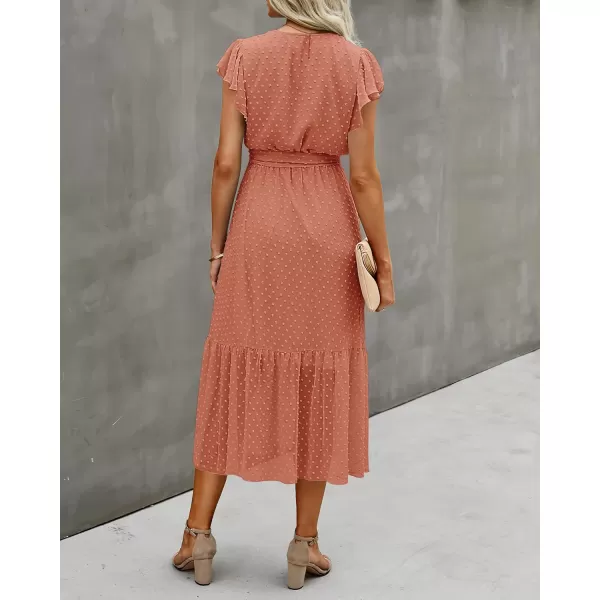 imageBTFBM Women Summer Bohemian Floral Casual Wrap V Neck Ruffle Cap Sleeveless Belt ALine Pleated Hem Swing Midi Sun DressSwiss Dot Orange