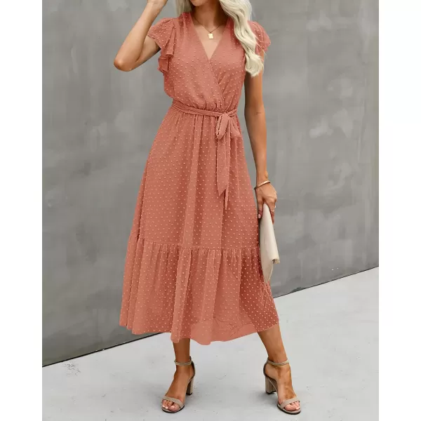 imageBTFBM Women Summer Bohemian Floral Casual Wrap V Neck Ruffle Cap Sleeveless Belt ALine Pleated Hem Swing Midi Sun DressSwiss Dot Orange