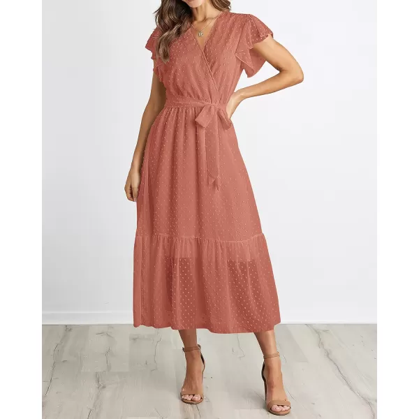 imageBTFBM Women Summer Bohemian Floral Casual Wrap V Neck Ruffle Cap Sleeveless Belt ALine Pleated Hem Swing Midi Sun DressSwiss Dot Orange