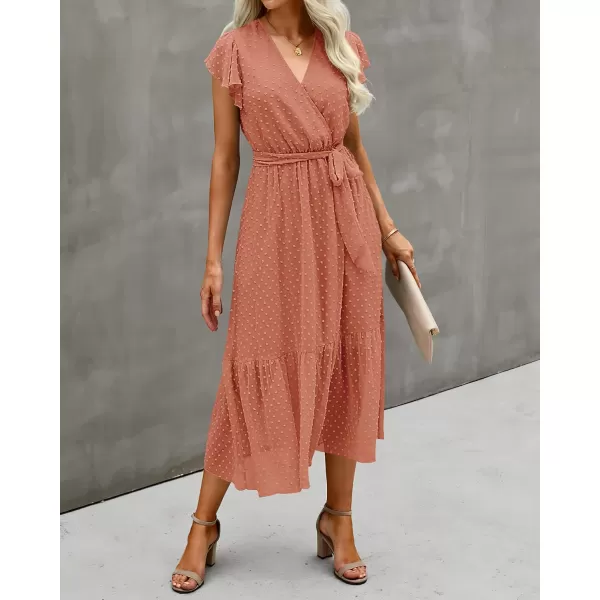 imageBTFBM Women Summer Bohemian Floral Casual Wrap V Neck Ruffle Cap Sleeveless Belt ALine Pleated Hem Swing Midi Sun DressSwiss Dot Orange