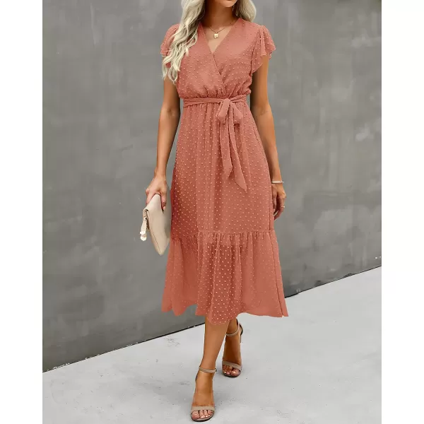 imageBTFBM Women Summer Bohemian Floral Casual Wrap V Neck Ruffle Cap Sleeveless Belt ALine Pleated Hem Swing Midi Sun DressSwiss Dot Orange